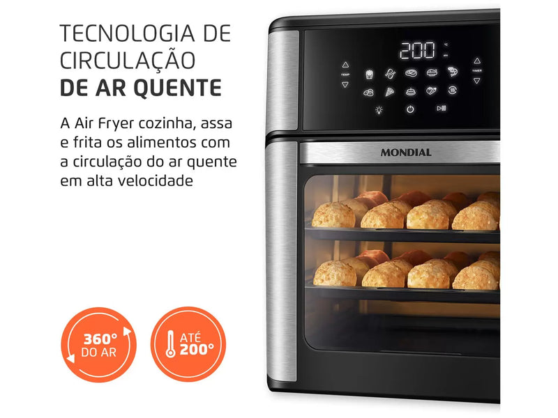 Fritadeira Elétrica Sem Óleo Air Fryer Oven 2 em 1 Mondial AFON-12L-BI 12L Digital – Preta/Inox