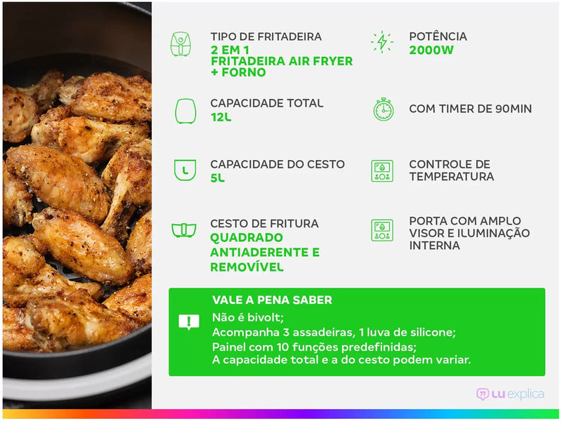 Fritadeira Elétrica Sem Óleo Air Fryer Oven 2 em 1 Mondial AFON-12L-BI 12L Digital – Preta/Inox