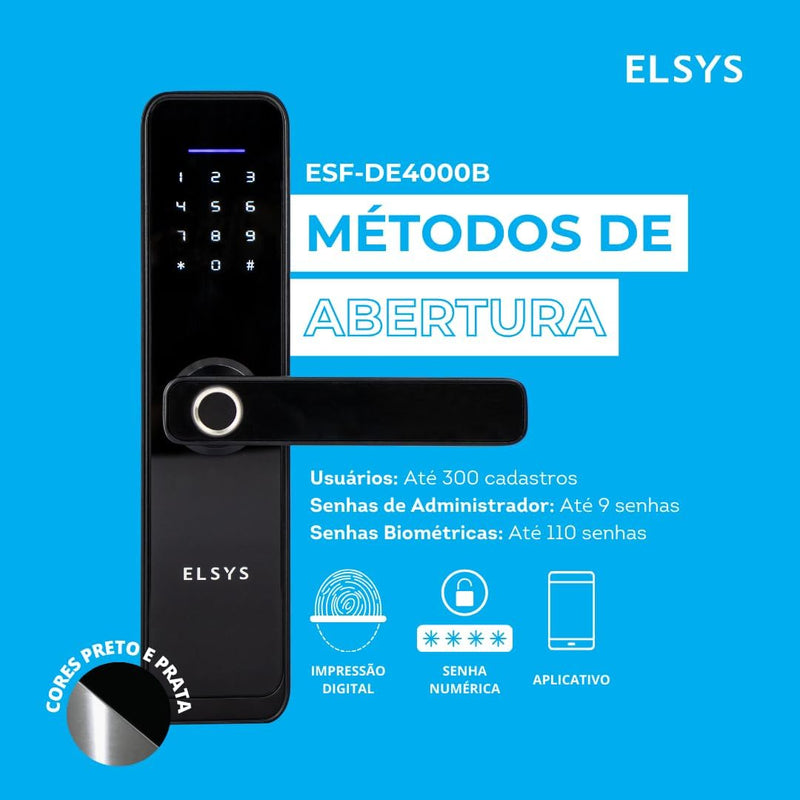 Fechadura Digital de Embutir Wi-Fi com Biometria, Elsys, ESF-DE4000B, Preta - Abertura via Biometria, Senha Numérica e Aplicativo