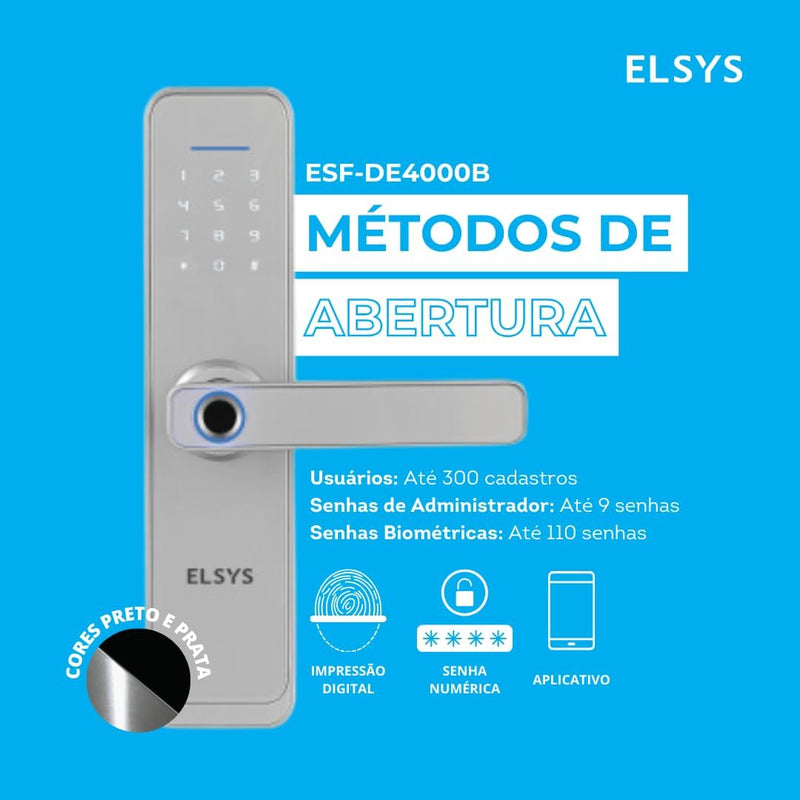 Fechadura Digital de Embutir Wi-Fi com Biometria, Elsys, ESF-DE4000B, Preta - Abertura via Biometria, Senha Numérica e Aplicativo