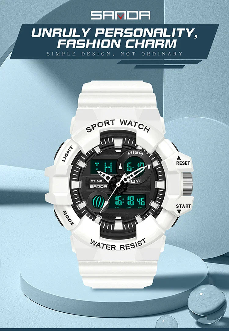 Relógio esportivo masculino Militar Sanda, branco, marca de topo, luxo
