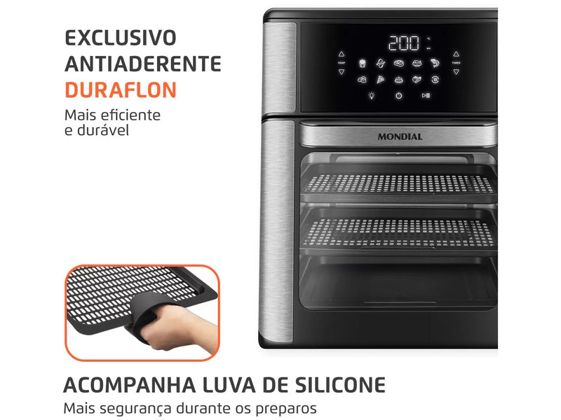 Fritadeira Elétrica Sem Óleo Air Fryer Oven 2 em 1 Mondial AFON-12L-BI 12L Digital – Preta/Inox
