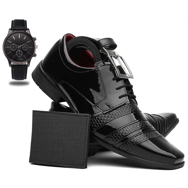 Sapato Masculino Verniz Social + Cinto + Carteira + Relógio Ponteiro