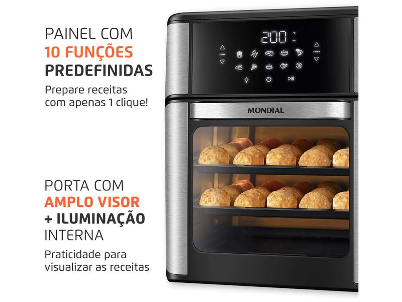 Fritadeira Elétrica Sem Óleo Air Fryer Oven 2 em 1 Mondial AFON-12L-BI 12L Digital – Preta/Inox